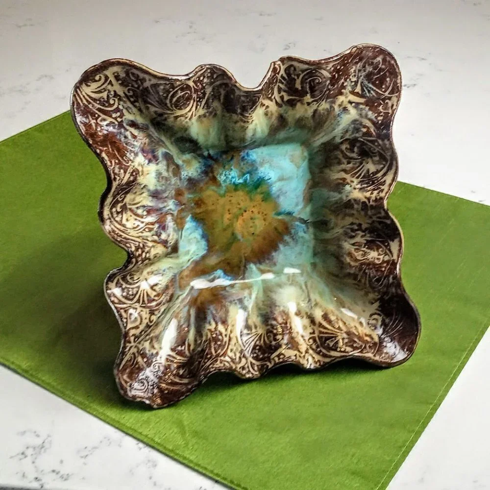 K Riel Art Pottery Glazed Square Ruffled Rim Bowl